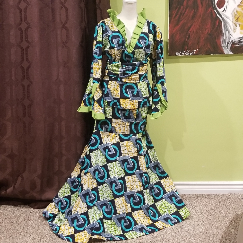 3 Piece African Print Skirt Set With Waist Band/Head Wrap